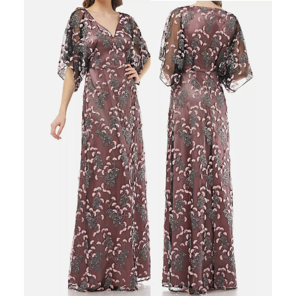 JS Collections Kimono Sleeve Embroidered V-Neck Dress Evening Gown SZ XL Black - Picture 1 of 13